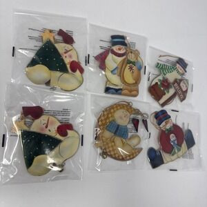 6 Vintage Crazy Mountain Snowman Christmas Ornaments Flat Painted